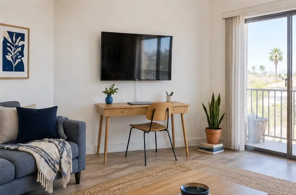 Illustration: a 43-inch TV, screen off, on a white apartment wall above a small desk with a sofa and a sliding door, no people