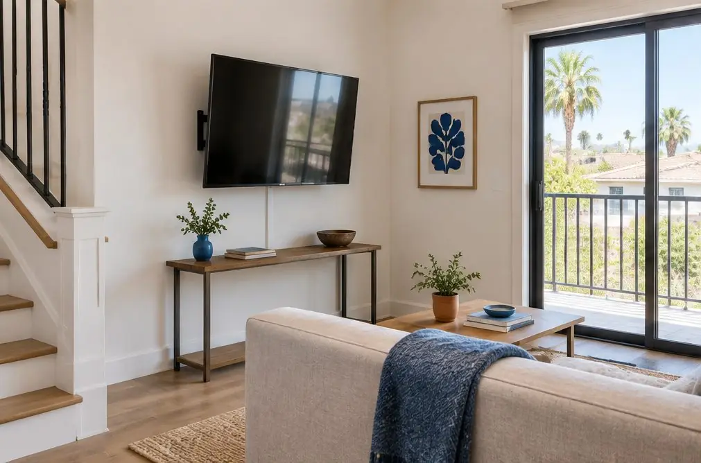 Illustration: a 55-inch TV, screen off, on a tilting mount on an interior wall of a compact townhome living room with a soundbar below, a stair rail and a small balcony door, no people