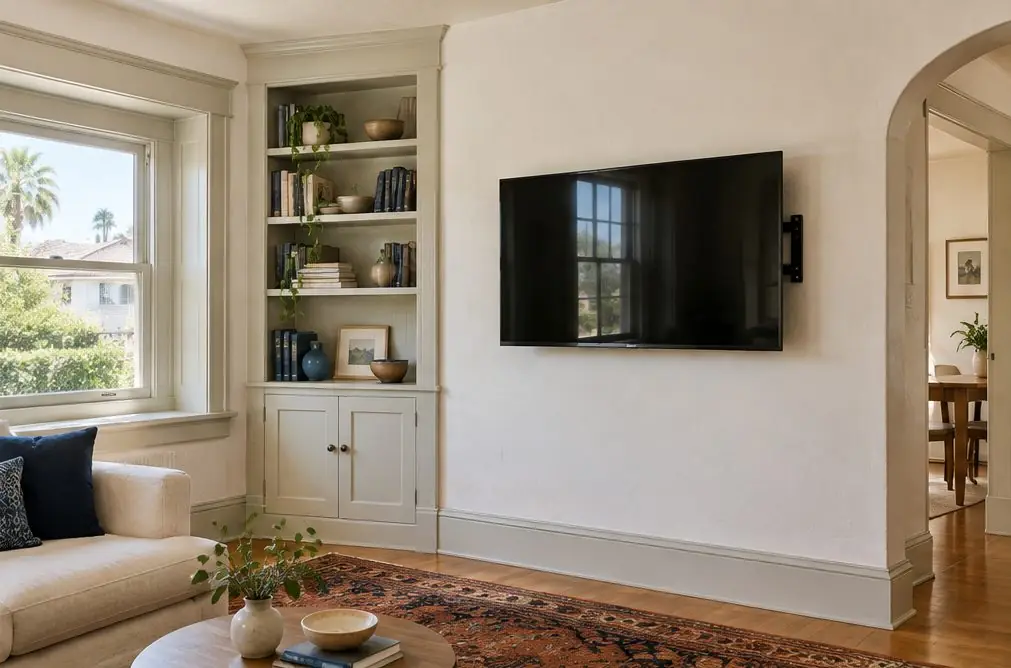 Illustration: a 55-inch TV, screen off, on a fixed wall mount on pale plaster beside a built-in bookcase and deep window trim in a 1920s bungalow living room, no people