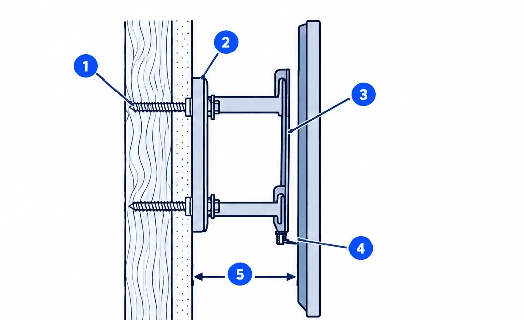 Diagram: side section of a fixed low-profile TV mount lag-bolted into a wood stud