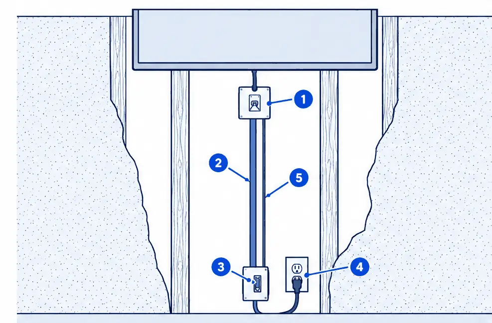 Diagram: front view of a wall cut open between two studs, an inlet plate behind the TV, an in-wall rated cable running down the stud bay to a lower plate, a short plug from the lower plate into the existing outlet and an HDMI cable beside it