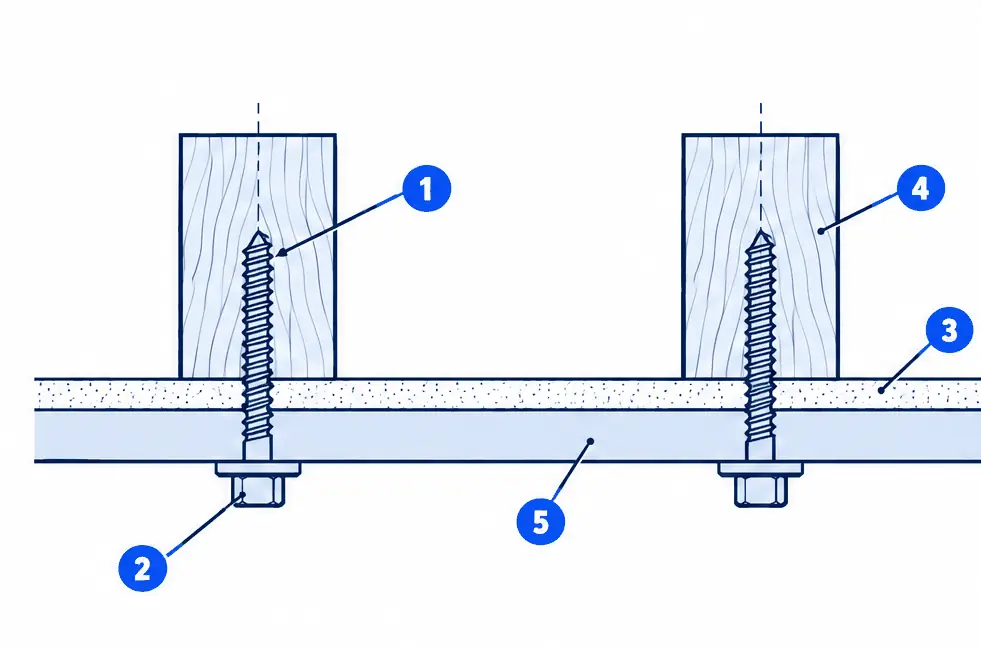 Diagram: top-down section through a wall with drywall and two wood studs, a flat wall plate on the drywall and lag bolts with washers passing through the plate and drywall into the center of each stud