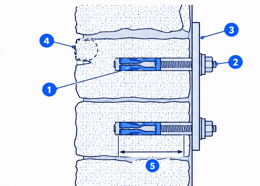 Diagram: side section of a stacked-stone chimney wall with a mount plate held by two sleeve anchors expanded inside solid stones, a mortar joint beside the anchors and a nut and washer on the room side of the plate