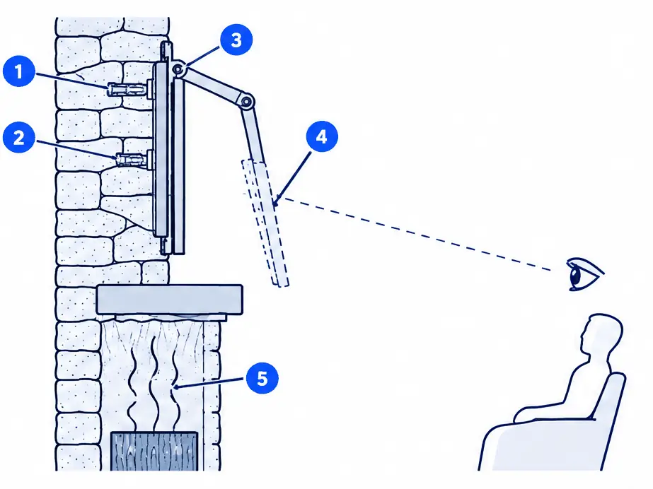 Diagram: side section of a pull-down fireplace mount lowering the TV in front of the mantel