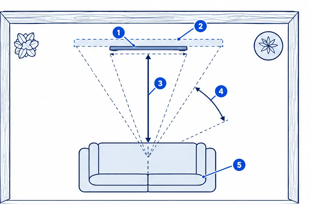 Diagram: floor plan of a living room, a sofa at a short distance from a wall with a narrow and a wider TV outline, a dimension line for the distance and two sightline angles