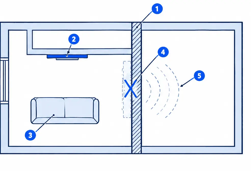 Diagram: floor plan of two attached townhome living rooms, a thick shared wall between them, a TV on an interior partition in the left home, a crossed-out dashed TV outline on the shared wall and dashed sound arrows passing through the shared wall into the neighbor
