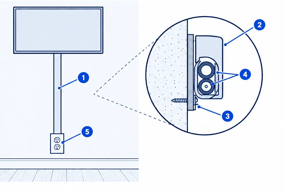 Diagram: front view of a TV on a wall with a slim raceway running down to an outlet, and an inset cross-section of the raceway with a base fixed to the wall, cables inside and a snap-on cover