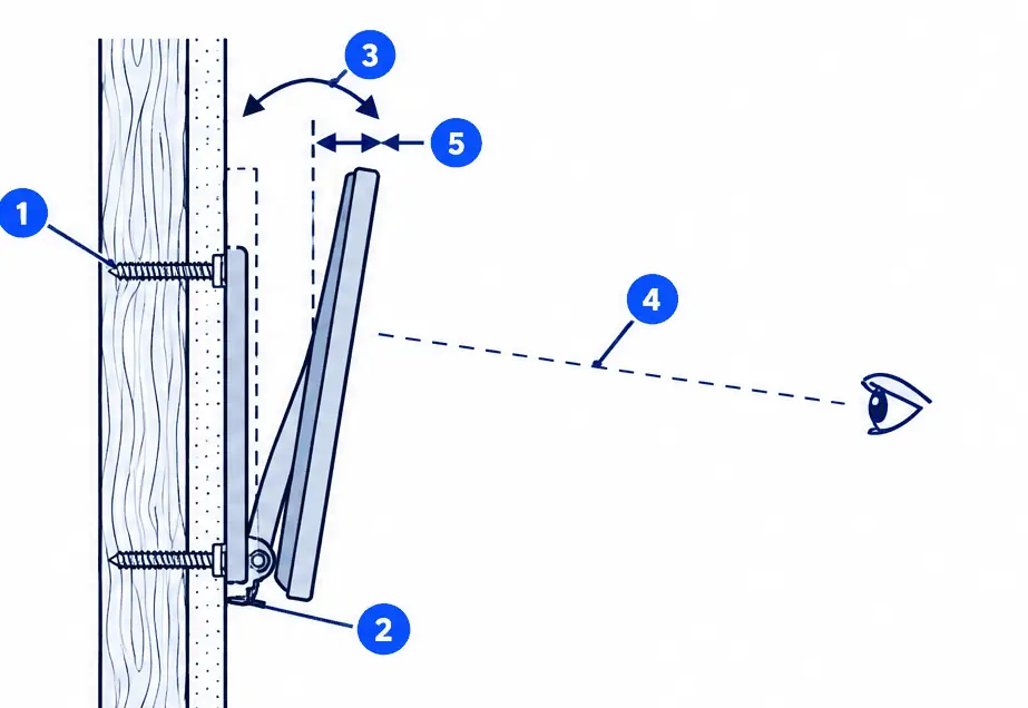 Diagram: side section of a tilting TV mount angling the screen down