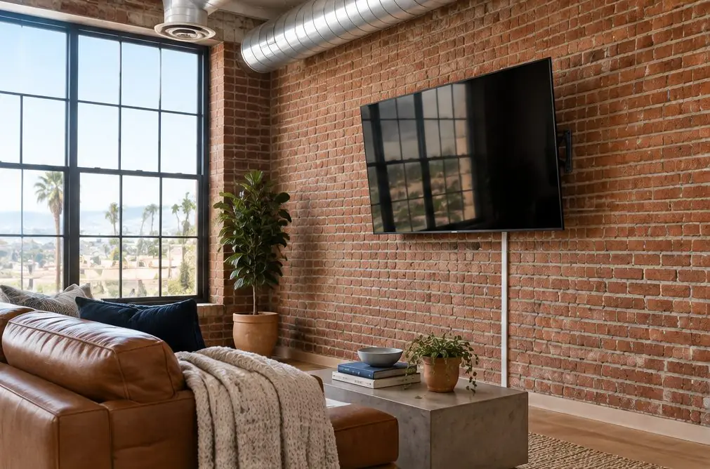 Illustration: a 55-inch TV, screen off, on a red brick wall in a loft living room with exposed ductwork, a leather sofa and a tall steel window, no people