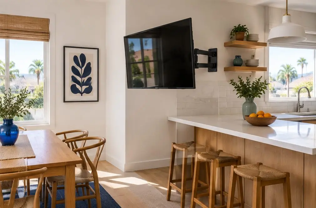 Illustration: a TV with the screen off on a swing arm extended from a corner wall toward a kitchen counter and a dining table in a bright Fullerton home