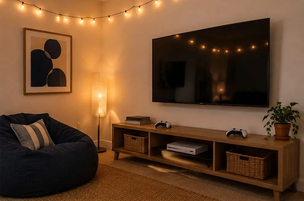 Illustration: a large TV with the screen off on a wall above a low media shelf with a game console, a bean bag and a string of warm lights in a Fullerton game room