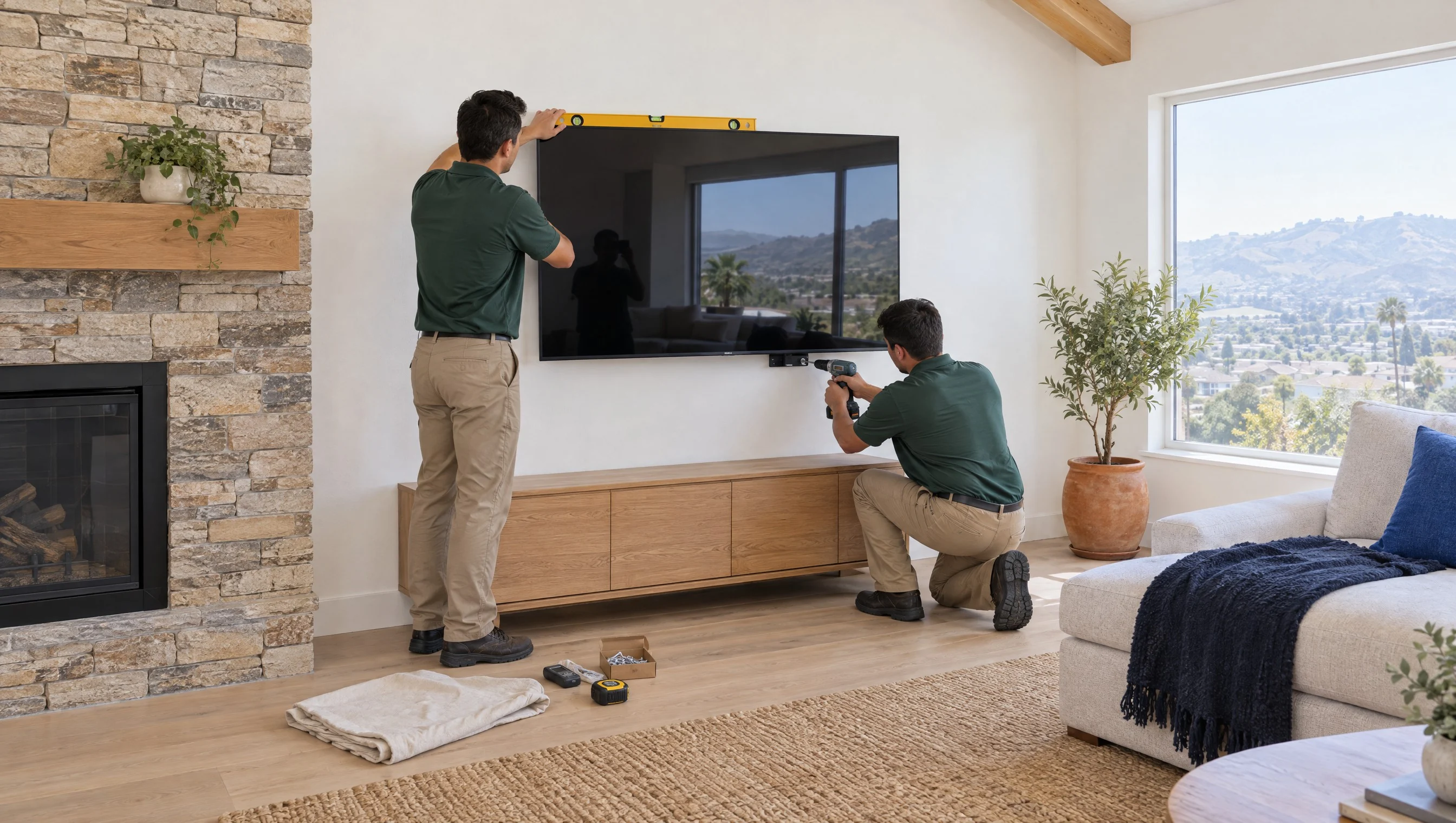 Illustration: two installers in matching forest-green work shirts and khaki trousers mounting a TV on a stone-faced family-room wall in a bright Fullerton hillside home, one leveling the TV while the other tightens the bracket's safety screw; the TV screen is off and reflects a window (AI-generated)