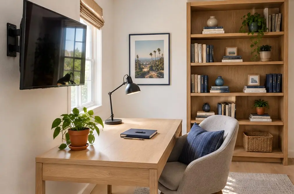 Illustration: a TV with the screen off on a short arm beside a wooden desk and a bookshelf in a small Fullerton home office with a window