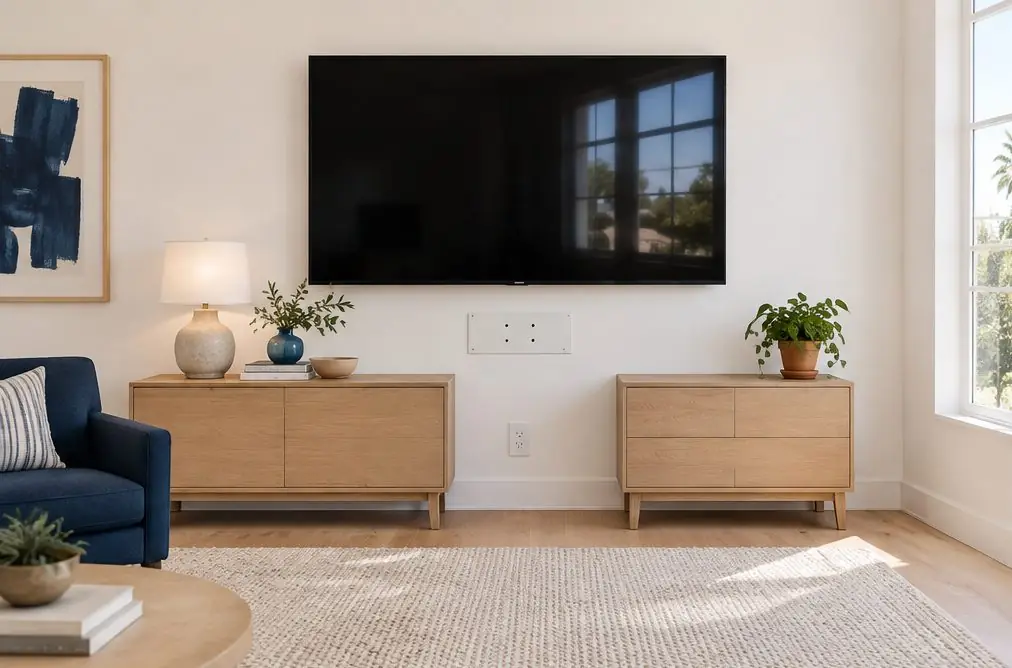 Illustration: a TV with the screen off on a white wall with no cables visible and a low outlet plate with a small recessed cable plate on a Fullerton living room wall