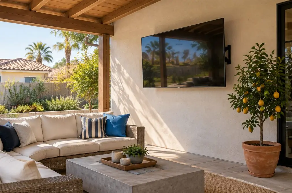 Illustration: a 55-inch outdoor TV, screen off, on a bracket on a stucco patio wall under a wood-beam roof with an outdoor sofa and a potted citrus tree, no people