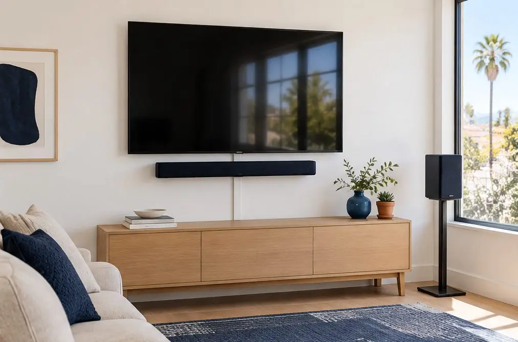 Illustration: a slim soundbar mounted under a TV with the screen off on a white wall, with a small speaker on a stand and a neat raceway in a Fullerton living room
