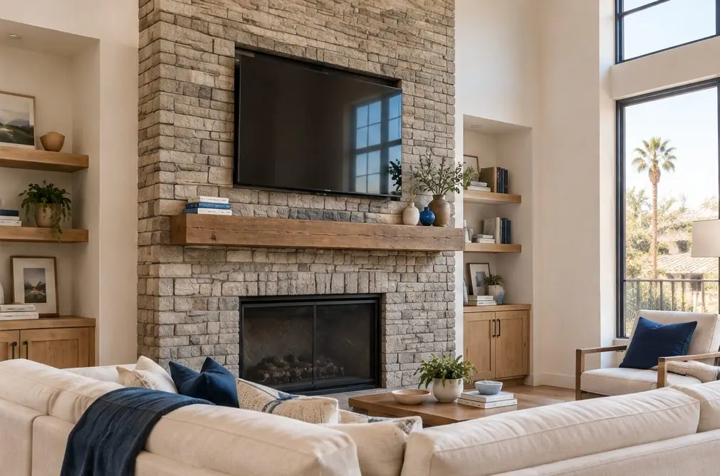 Illustration: a large TV, screen off, above a stacked-stone fireplace with a thick wood mantel in a tall hillside family room, a pull-down arm folded flat beside it, no people