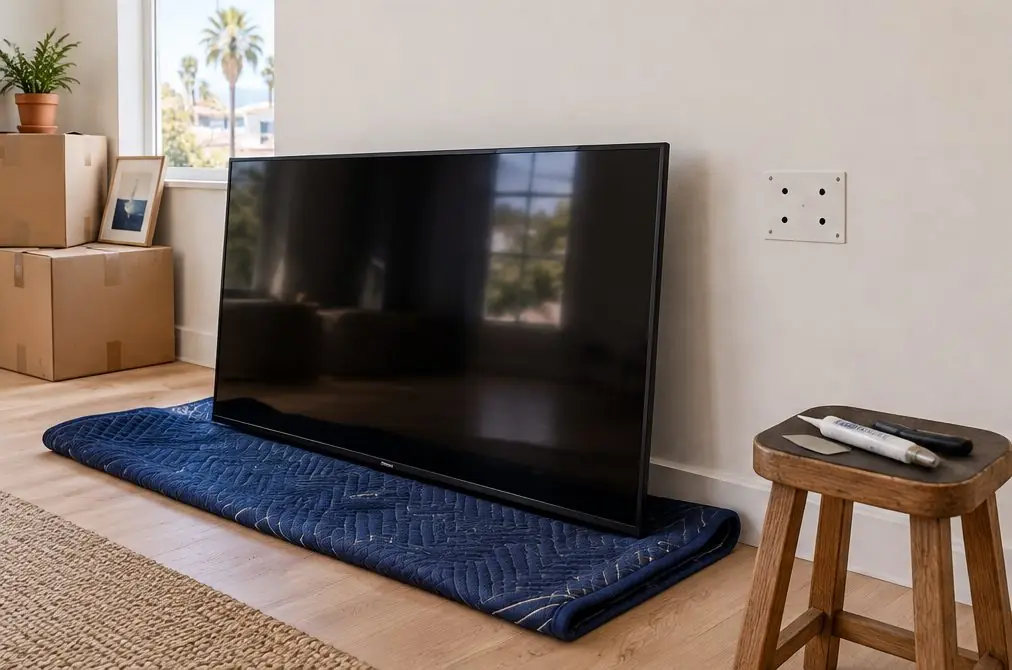 Illustration: a TV with the screen off leaning on a blanket against a wall next to an empty wall plate with small holes and a tube of filler in a Fullerton room