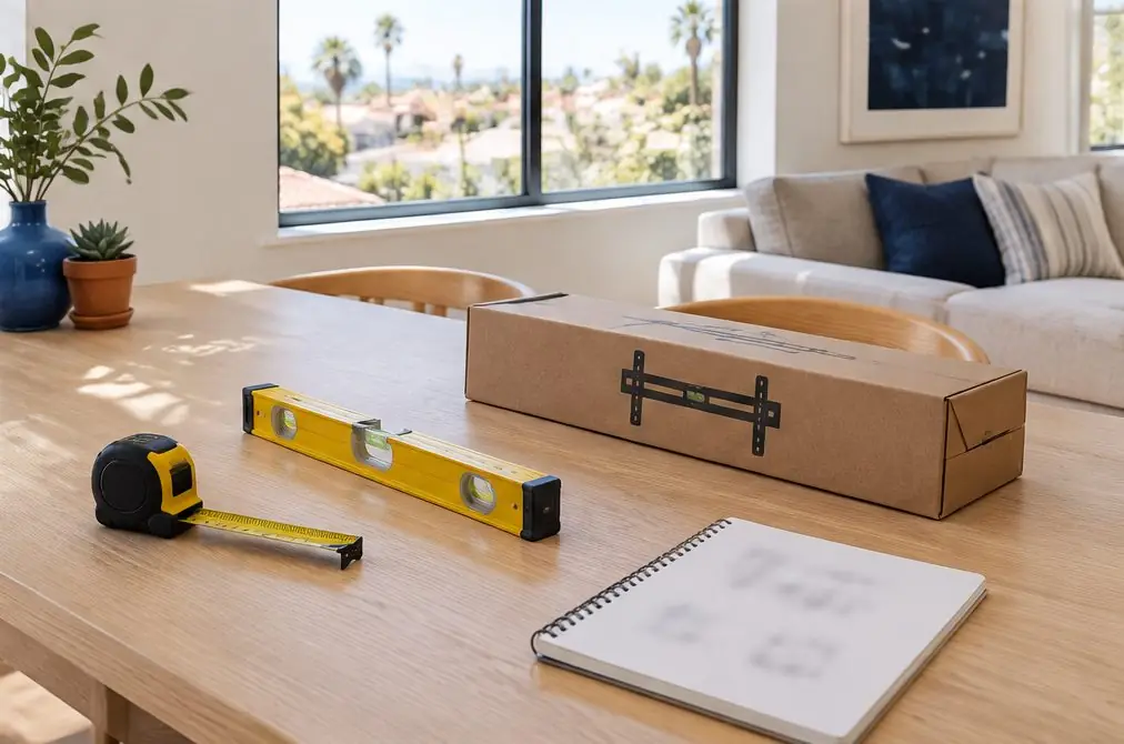 Illustration: a tape measure, a spirit level, a boxed TV bracket and a notepad with blurred figures on a pale oak table in a Fullerton living room, no people