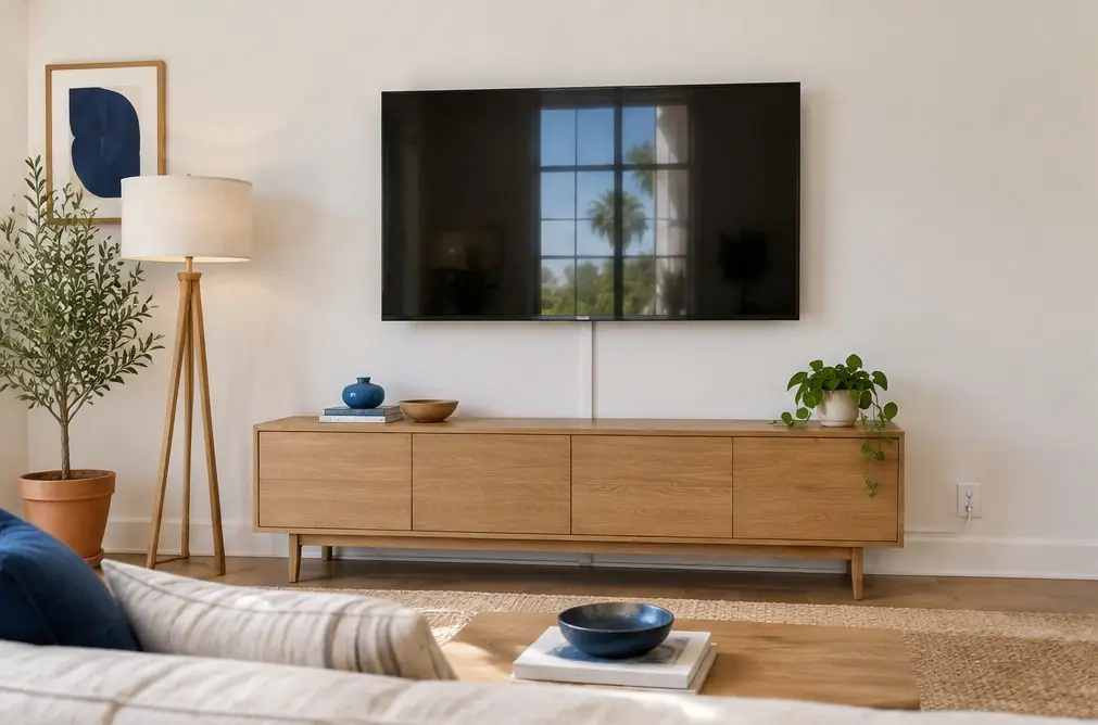 Illustration: a 55-inch TV with the screen off on a fixed wall mount above a low oak console in a bright Fullerton living room with a linen sofa and a tall window